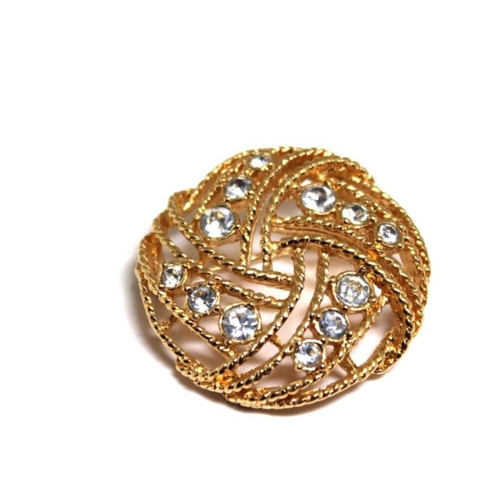 Vintage Gold-Tone Swirl Brooch With Rhinestone Accents